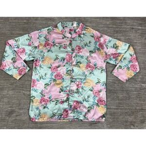 Kathryn Pajama Top Womens Medium Pink Mint Floral Satin Frog Button Mandarin Vtg